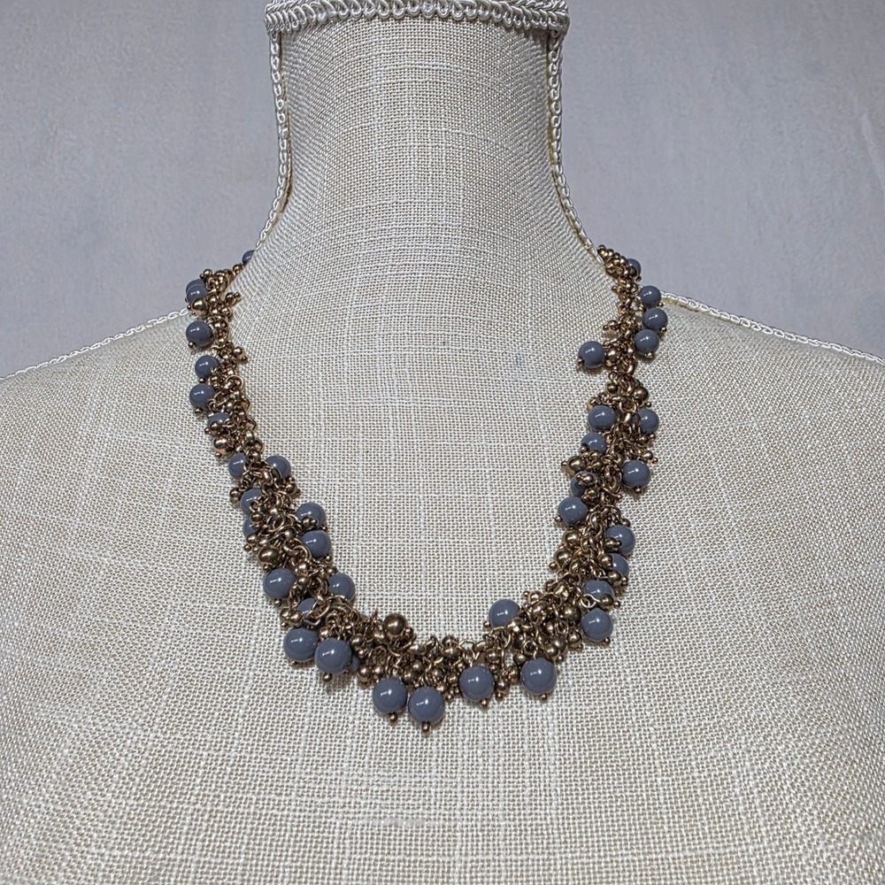 Gold Tone Gray/Blue Beaded Statement Necklace Choker Cluster Boho